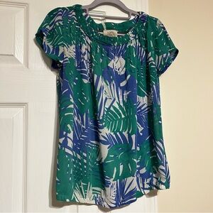 LOFT Women’s Blouse Short Sleeve Round Neck Small Green Blue White‎